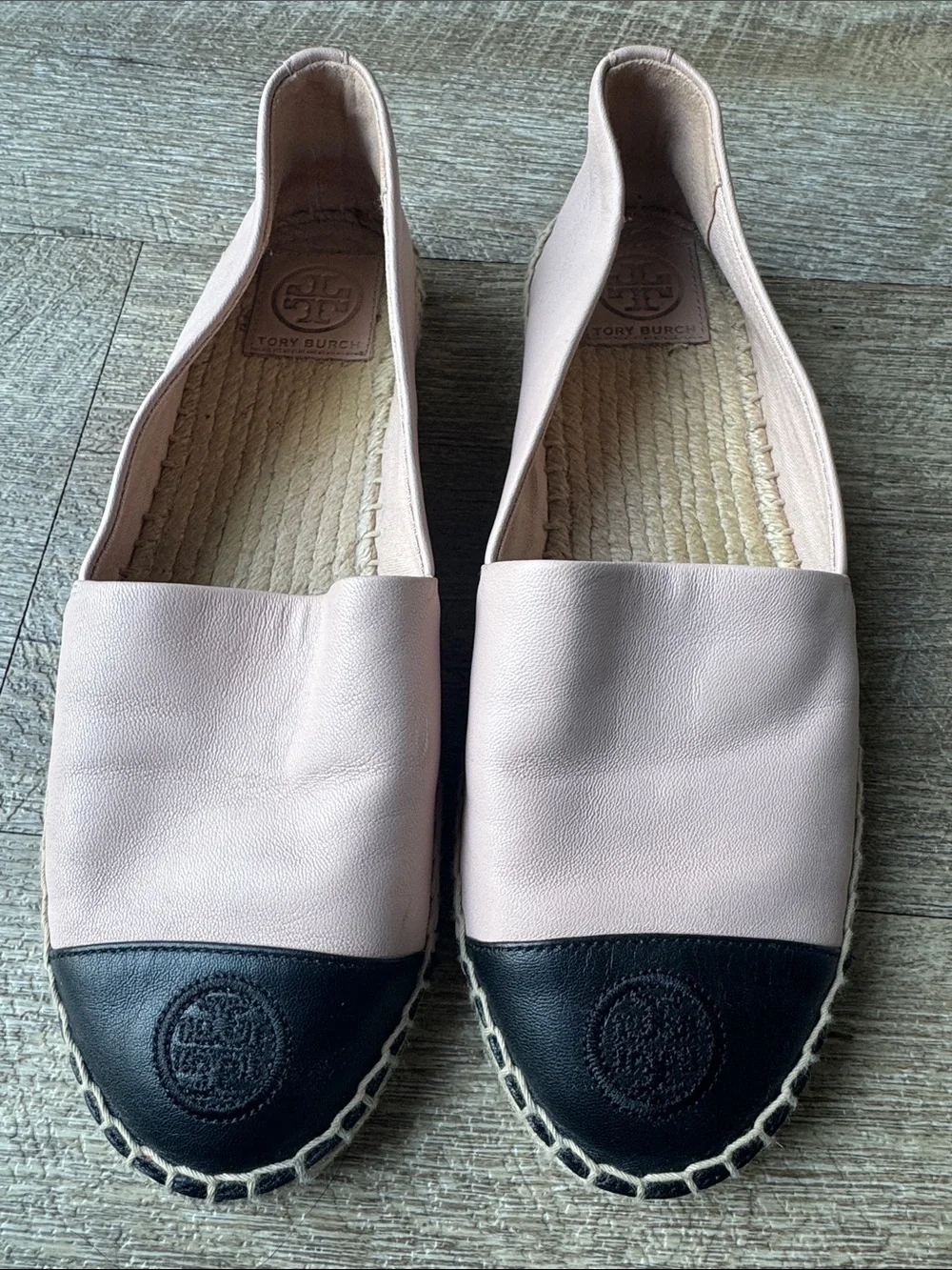 Tory Burch Blush Pink and Black Leather Cap-Toe Espadrille Flats size 7.5